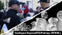 Снимка от протеста срещу изграждане на място за настаняване на деца бежанци в Княжево и снимка на деца, търсещи убежище. Колаж