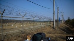 South Korea -- North Korean-born Kang Myeong-wook (R) bows with his granddaughter towards the North Korean border at the Demilitarized Zone (DMZ) at Imjingak, Paju, in South Korea's Gyeonggi Province on January 31, 2014