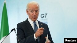 U.S. President Joe Biden speaks to reporters at the end of the G7 summit in Cornwall on Britain's southwestern coast on June 13.