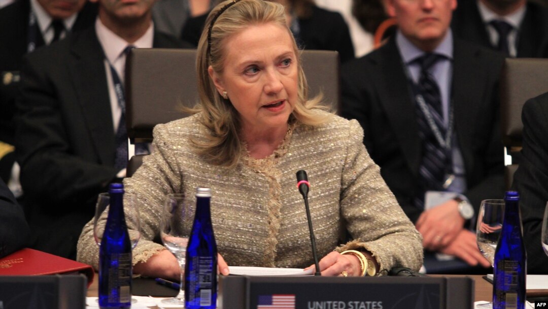U.S. Secretary of State Hillary Clinton addresses participants at a NATO foreign ministers meeting in Chicago on May 21. 