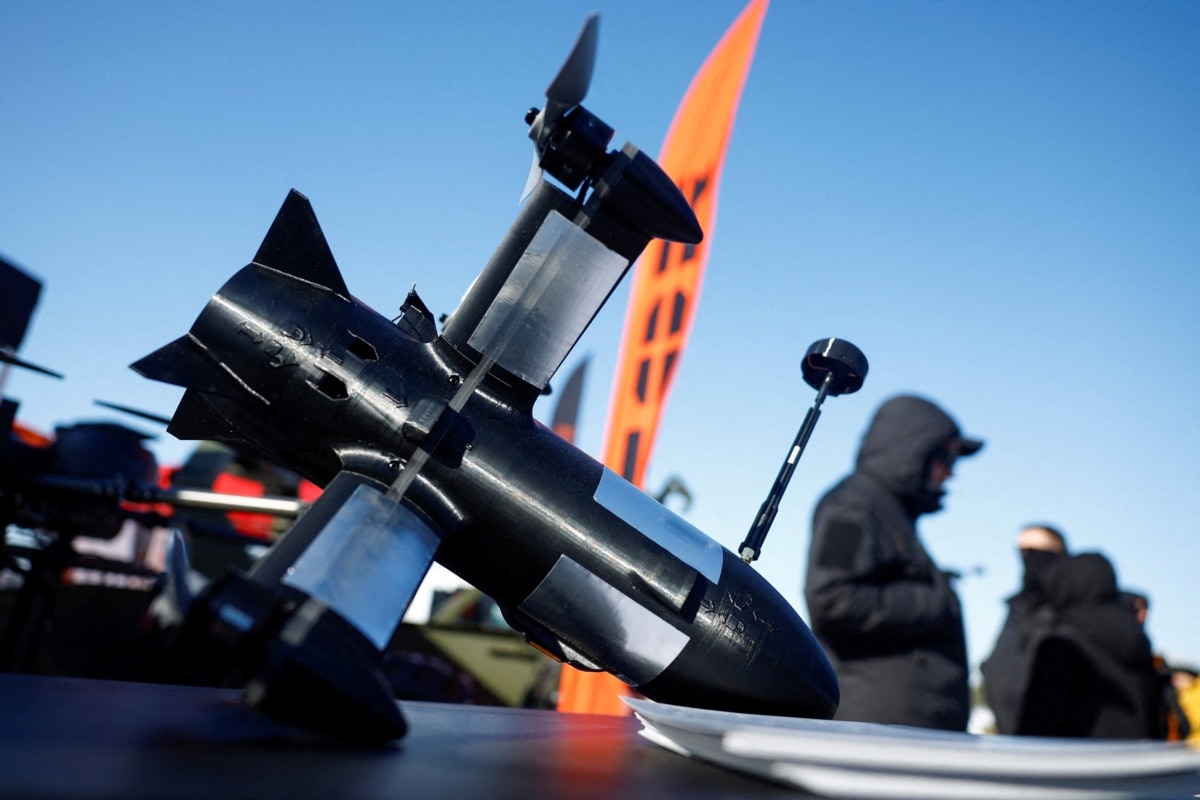 A P1-Sun FPV interceptor drone on display at an exhibition of Ukrainian drone manufacturers, at an undisclosed location in Ukraine, February 20, 2026
