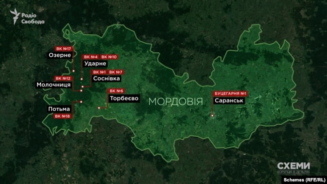 Мапа колоній у Мордовії