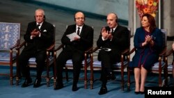 The winners of the 2015 Nobel Prize, members of the Tunisian National Dialogue Quartet, attend the Nobel Peace Prize award ceremony in Oslo, Norway, on December 10.