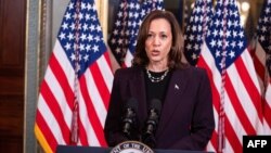 Vicepreședintele SUA, Kamala Harris, la conferința de presă de după întâlnirea cu premierul israelian Beniamin Netanyahu. 25 iulie 2024.