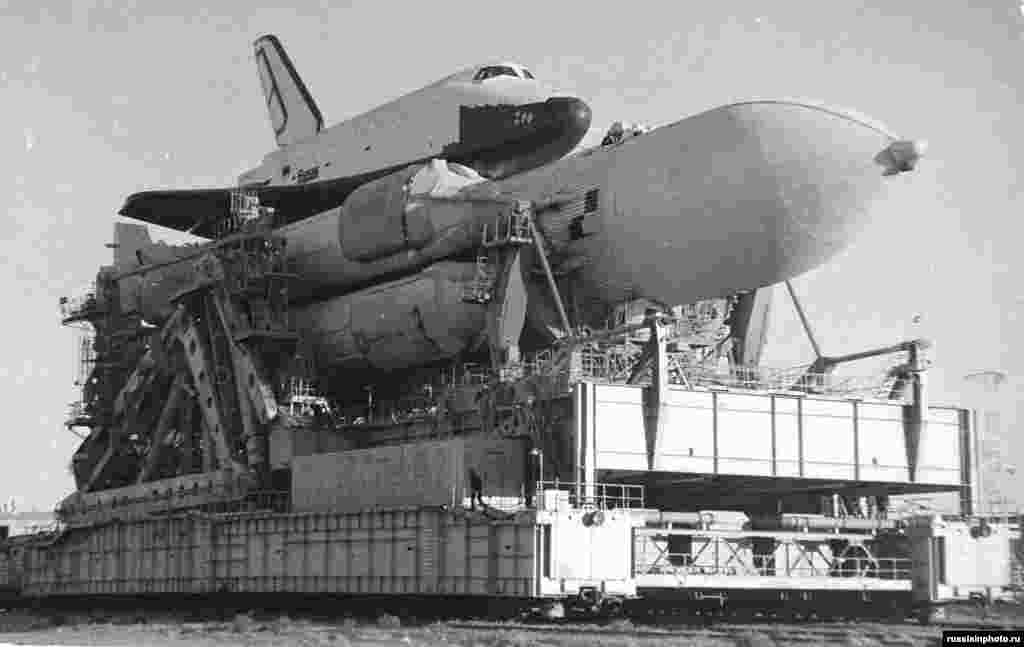 The U.S.S.R.&#39;s Buran spaceplane being moved toward its launchpad in 1988. The craft had its maiden launch that year, successfully orbiting the Earth without a crew before being permanently grounded due to the fall of the Soviet Union. In 2002, Buran&#39;s storage hangar&nbsp;collapsed&nbsp;during a storm, killing eight workers and destroying the shuttle.