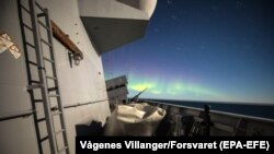 Northern lights are seen from KNM Helge Ingstad during Trident Juncture exercise in Norway on October 30.