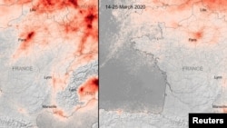 Kombinovana slika od 27. marta 2020. Evropske svemirske agencije (ESA) prikazuje prosječne koncentracije nitrogen dioksida u Francuskoj u martu 2019. (L) i smanjeno zagađenje zraka u periodu od 14. do 25. marta 2020. (D).