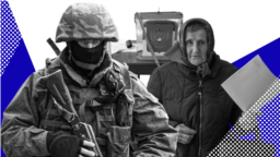 Російський військовий та псевдореферендум на окупованій Росією частині України. Колаж