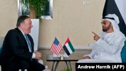 UAE -- US. Secretary of State Mike Pompeo (L) and Abu Dhabi's Crown Prince Sheikh Mohammed bin Zayed Al Nahyan meet at Al-Shati Palace in Abu Dhabi, July 10, 2018