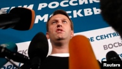 Ալեքսեյ Նավալնին քվեարկության ավարտից հետո հայտարարություն է անում լրատվամիջոցների համար, Մոսկվա, 8-ը սեպտեմբերի, 2013թ․ 