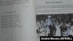 Pagini din manualul de limba „moldovenească” pentru clasa a IX-a din stânga Nistrului, dedicate începutului anului școlar. În ilustrație, elevi în uniforme sovietice.  
