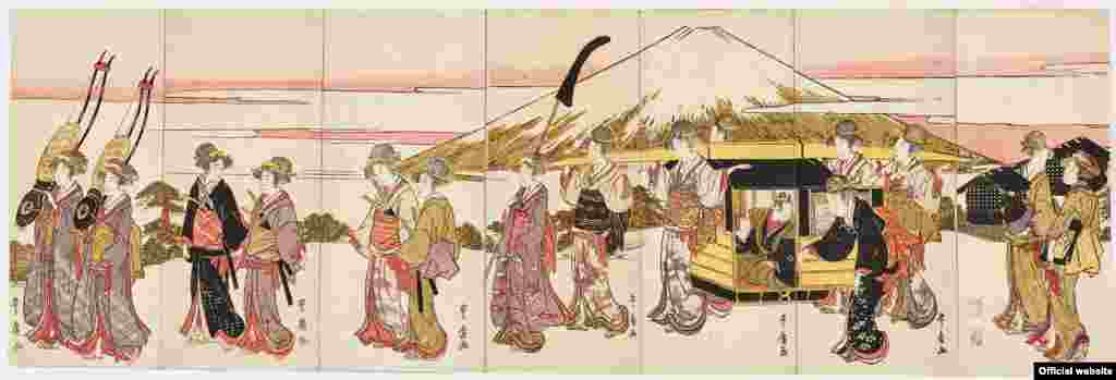 Utagawa Toyohiro (1773&ndash;1828) Femei imitînd o procesiune Damiyo trecînd Muntele. Perioada Edo.