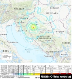 USGS mapa epicentra zemljotresa i linije prema kojoj se osjetio