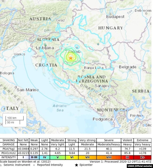 USGS mapa epicentra zemljotresa i linije prema kojoj se osjetio