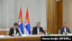 Premijerka Srbije Ana Brnabić, predsednik Aleksandar Vučić i ministar odbrane Nebojša Stefanović na sednici Saveta za nacionalnu bezbednost u Beogradu, 21. septembar 2021.