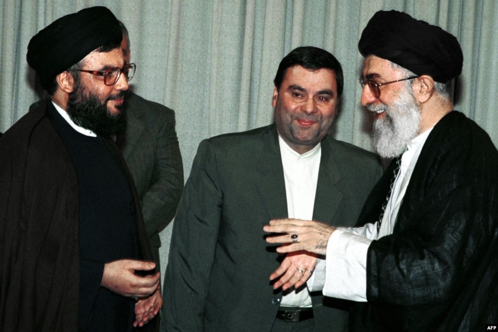 Iranian Supreme Leader Ayatollah Ali Khamenei (right) welcomes Hassan Nasrallah (left) at his office in Tehran in 2000.