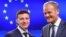 Եվրոպական խորհրդի նախագահ Դոնալդ Տուսկը և Ուկրաինայի նախագահ Վլադիմիր Զելենսկին համատեղ ասուլիսի ժամանակ, Բրյուսել, 5-ը հունիսի, 2019թ․