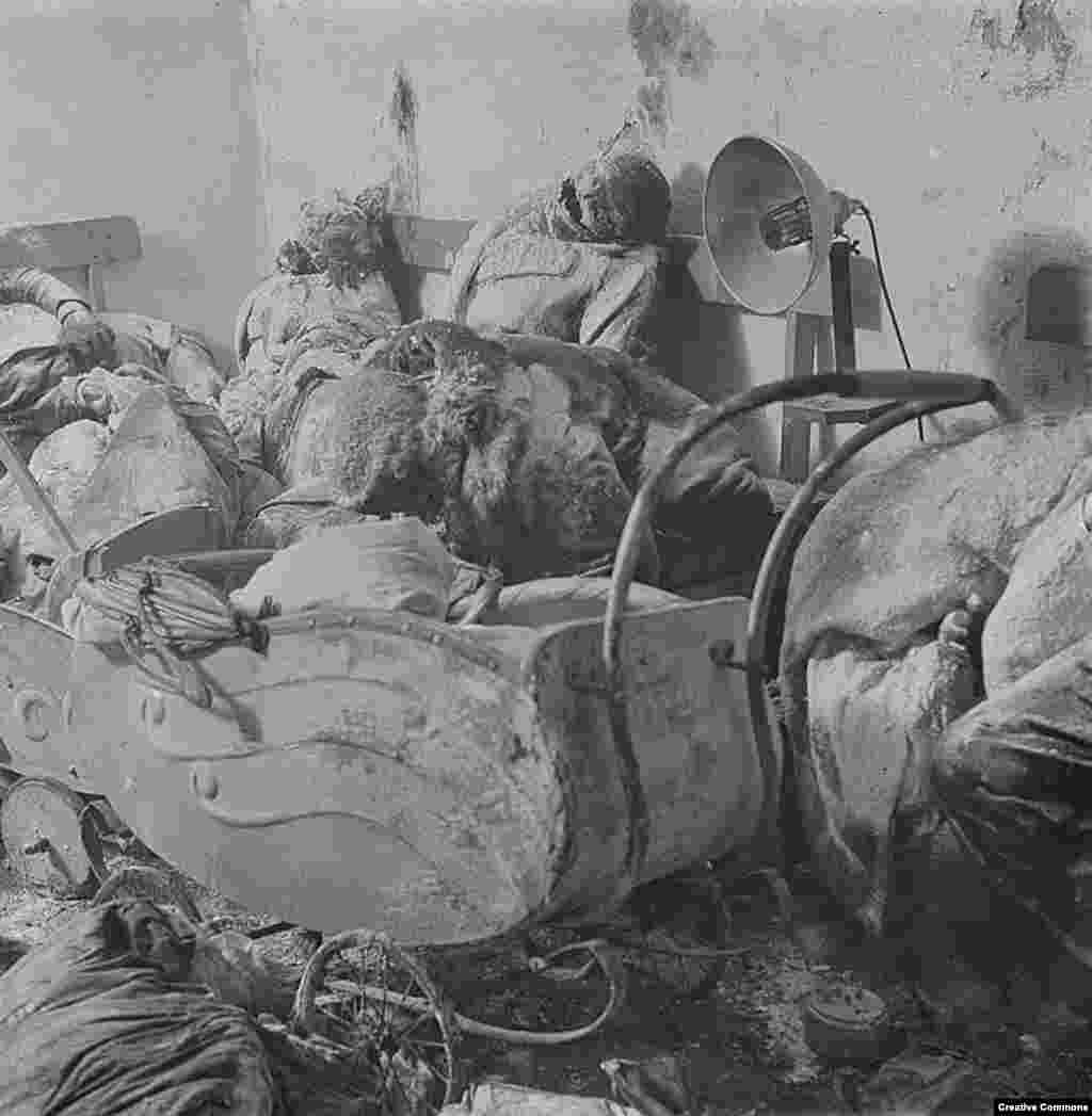 Bodies inside a Dresden basement where they had sought shelter from the bombs. With the oxygen sucked out of the air by the firestorm above, many people suffocated in their shelters.