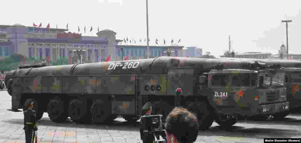 A Dongfeng-26D missile being paraded in Beijing in September.China has developed missiles, including the nuclear-capable Dongfeng-26, that are reportedly able to reach Guam, another island in the Pacific close to Tinian where America has large naval and air bases. An array of widely dispersed military sites would enable the US to transfer its air power throughout a network of bases.
