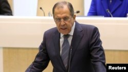 Russian Foreign Minister Sergei Lavrov makes a speech to the upper house of parliament in Moscow on December 18.