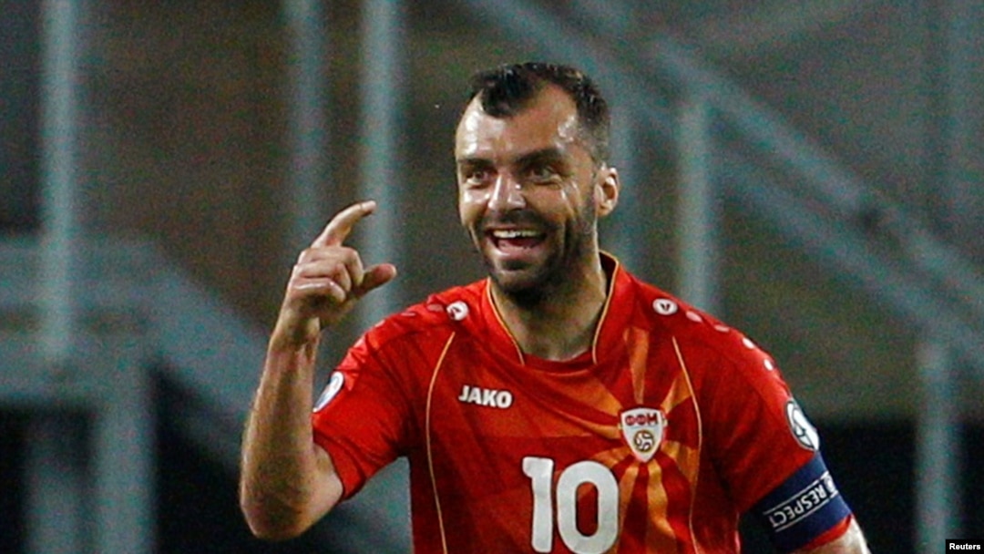 North Macedonia's Goran Pandev celebrates the team's first goal in its match with Austria on June 13 in Bucharest. 