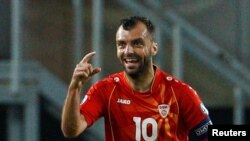 North Macedonia's Goran Pandev celebrates the team's first goal in its match with Austria on June 13 in Bucharest. 