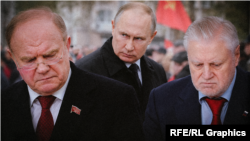 Президент России Владимир Путин, лидер КПРФ Геннадий Зюганов и лидер "Справедливой России" Сергей Миронов