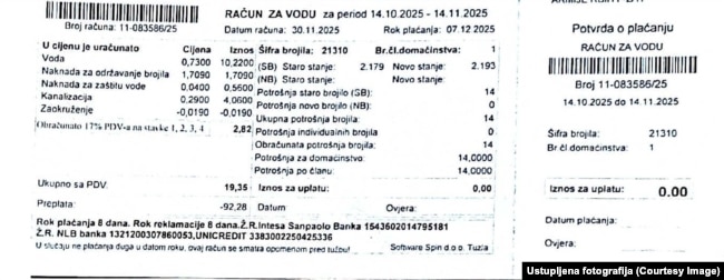 Primjerak računa koji se ispostavlja građanima Lukavca za tehničku vodu iz fabrike.