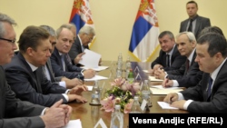 Serbian Prime Minister Ivica Dacic (right) meets with Aleksei Miller of Gasprom in Belgrade on November 11.