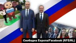 Колаж от снимки на членовете на „Възраждане“, които посетиха Русия. На преден план са председателят на партията Костадин Костадинов и заместник-председателят на руския Съвет по сигурността Дмитрий Медведев.