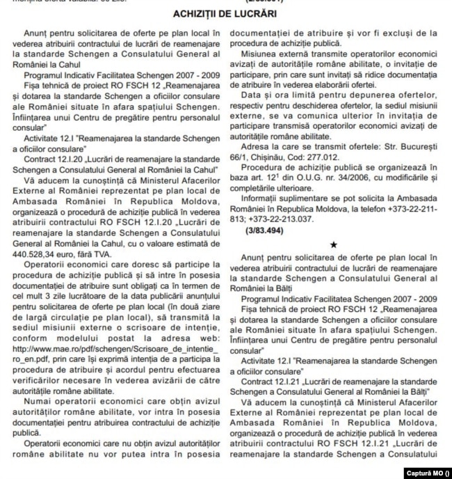 Extras din Monitorul Oficial din 12 februarie 2010, partea a VI-a, în care apar anunțurile de intenție pentru lucrări la consulatele de la Bălți și Cahul.