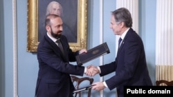 U.S. - U.S. Secretary of State Atony Blinken and Armenian Foreign Minister Ararat Mirzoyan sign a U.S.-Armenia Strategic Partnership Commission Charter, Washington, January 14, 2025.