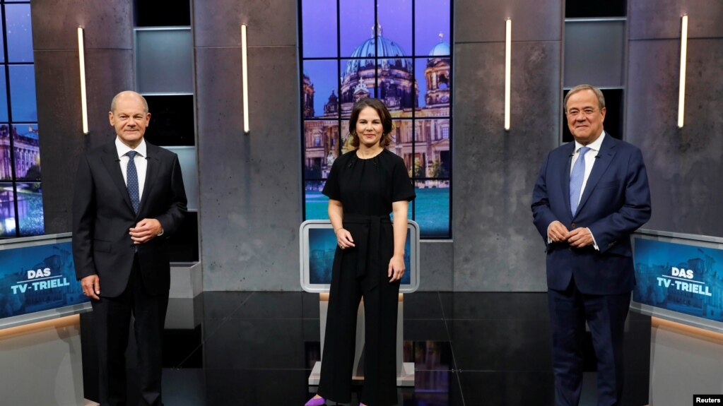 Kandidatët për kancelar të Gjermanisë (nga e majta): Olaf Scholz (SPD), Annalena Baerbock (Partia e Gjelbër) dhe Armin Laschet (CDU). Shtator 2021.