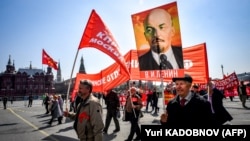 Activists and supporters of Russia's left-wing parties and movements march during a May Day rally in downtown Moscow on May 1.