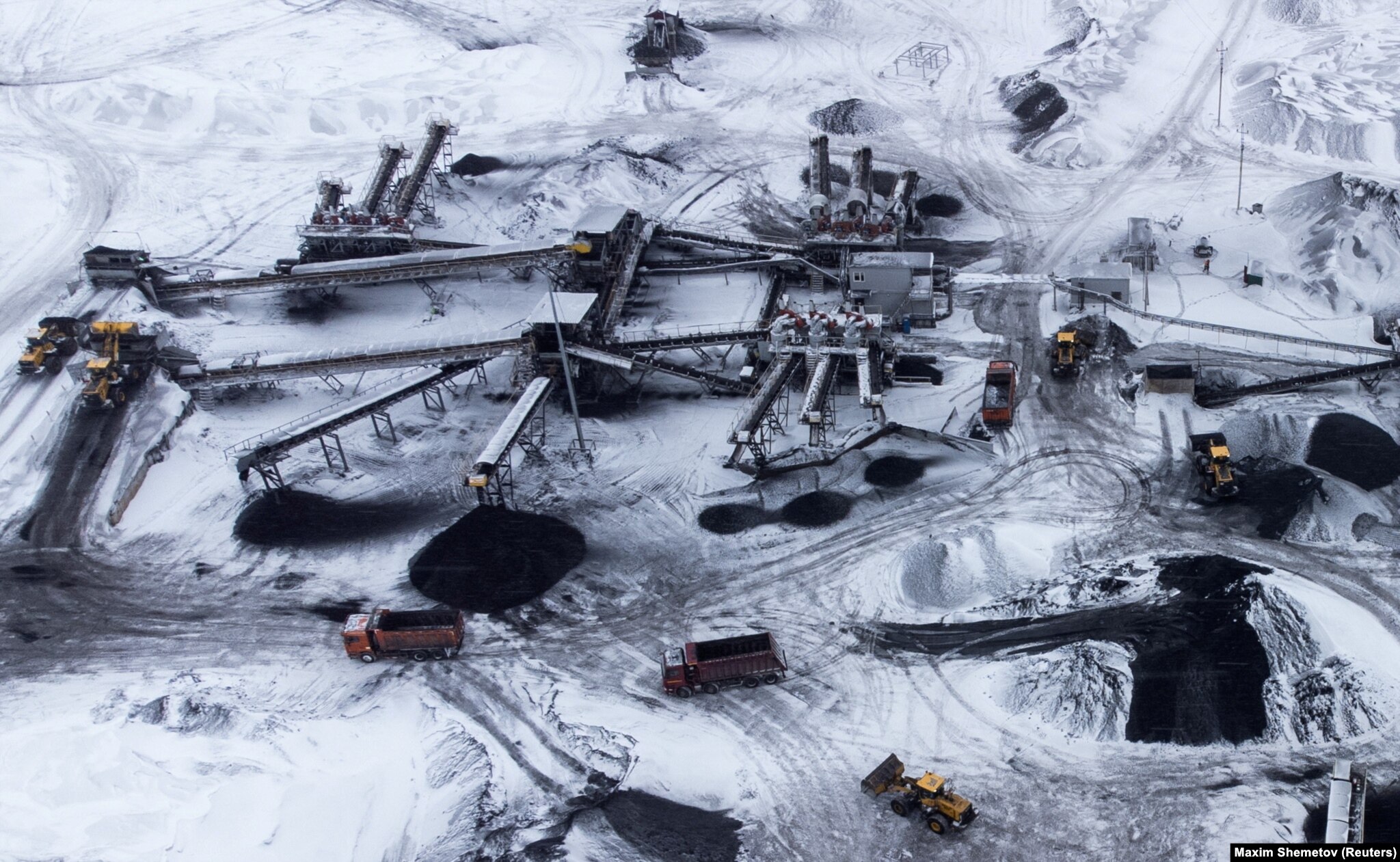 An aerial view shows operations at the Razrez Inskoy coal mine in the Kemerovo region of Russia on November 28.