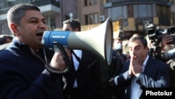 Artur Vanetsian addresses opposition protesters in Yerevan on November 11.