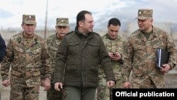 Armenia - Defense Minister Vigen Sargsian (C) visits a military base in northern Armenia, 15 March 2018.