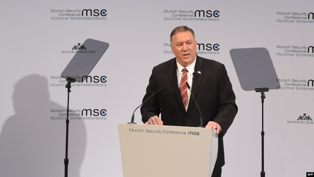U.S. Secretary of State Mike Pompeo speaks at the Munich Security Conference on February 15. 