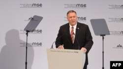 U.S. Secretary of State Mike Pompeo speaks at the Munich Security Conference on February 15. 