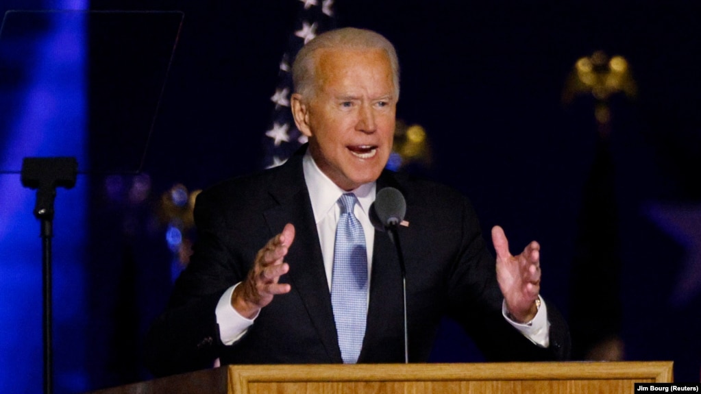 Joe Biden speaks to supporters after the media announced that he had won the U.S. presidential election over Donald Trump, in Wilmington, Delaware, on November 7.