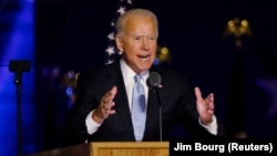 Joe Biden speaks to supporters after the media announced that he had won the U.S. presidential election over Donald Trump, in Wilmington, Delaware, on November 7.