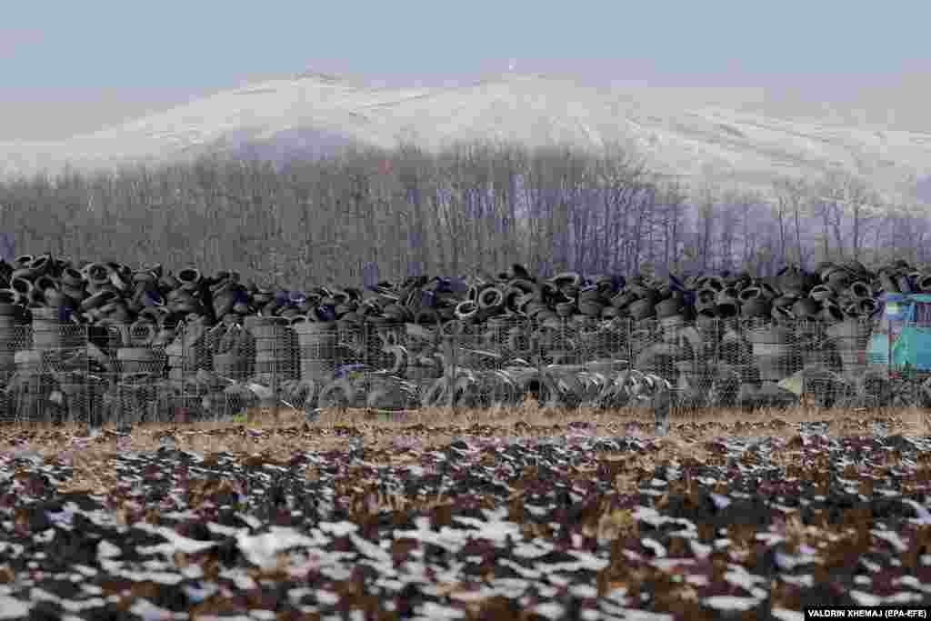 Piles of old tires in the village of Magure, Kosovo. Many cities in Kosovo suffer from poor air quality, significantly exceeding national and European Union standards and global air quality guidelines established by the World Health Organization. The widespread practice in Kosovo of burning old tires is significantly contributing to polluted air.