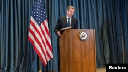 U.S. Secretary of State Antony Blinken speaks to the press in Algiers on March 30.