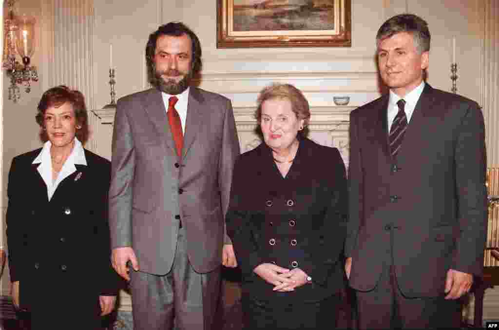 The three leaders of the Zajedno opposition coalition meet&nbsp;U.S. Secretary of State Madeleine Albright at the U.S. State Department in Washington on April 4, 1997.