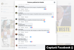 Comentarii pe Facebook la postarea de pe pagina Natalia din 30 noiembrie, referitoare la numărul de voturi obținut de candidatul Călin Georgescu la turul I al alegerilor prezidențiale din 24 noiembrie.