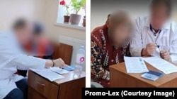 Capturi de ecran de pe un clip video publicat de Promo-Lex, în care un lucrător îmbrăcat în halat medical aplică ștampila pe un buletin de vot la alegerile și referendumul din 20 octombrie la Casa de bătrâni din Comrat.