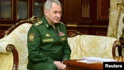 Russian Defense Minister Sergei Shoigu is seen in Minsk at a meeting with Belarusian ruler Alyaksandr Lukashenka on April 10.