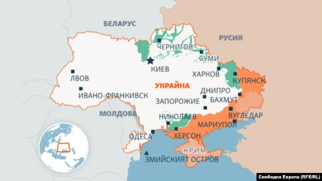 Карта на Украйна. В светло оранжево са украинските територии, които Русия окупира преди 2022 г. В тъмно оранжево са територии, окупирани от Русия след 2022 г. В зелено са териториите, които Украйна си върна, след като бяха временно окупирани от Русия
