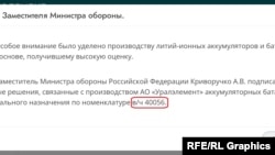 U poruci na web-stranici kompanije navodi se da je Krivoručko "potpisao važne odluke u vezi s proizvodnjom baterija specijalne namjene koje proizvodi Uralelement za vojnu jedinicu 40056".