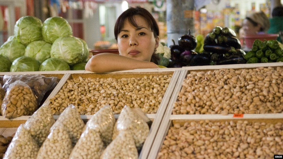 A female vendor at a market in Bishkek, Kyrgyzstan